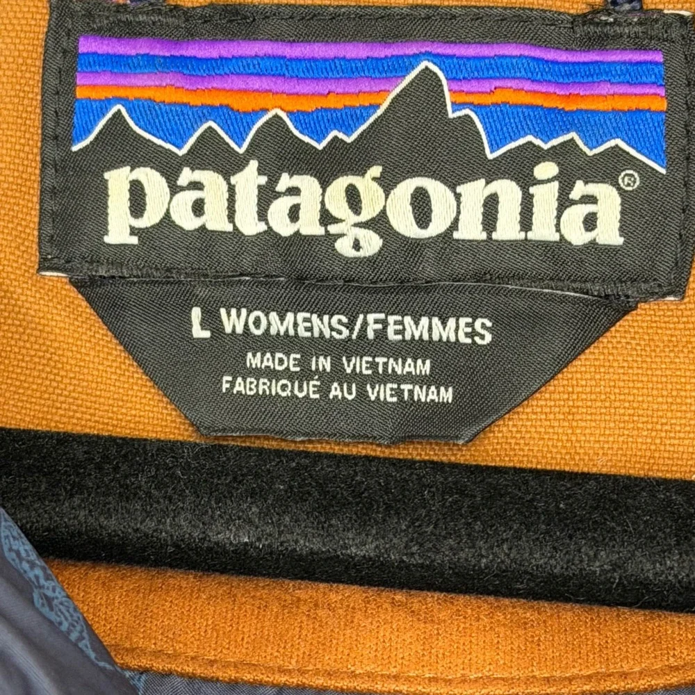 Patagonia Bivy Hooded Down Vest Women's Large Brown Blue Puffer Canvas